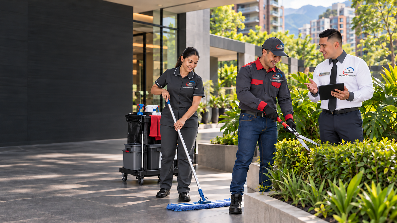 Equipo de AG Logística con uniformes corporativos nuevos prestando servicios integrales en una unidad residencial