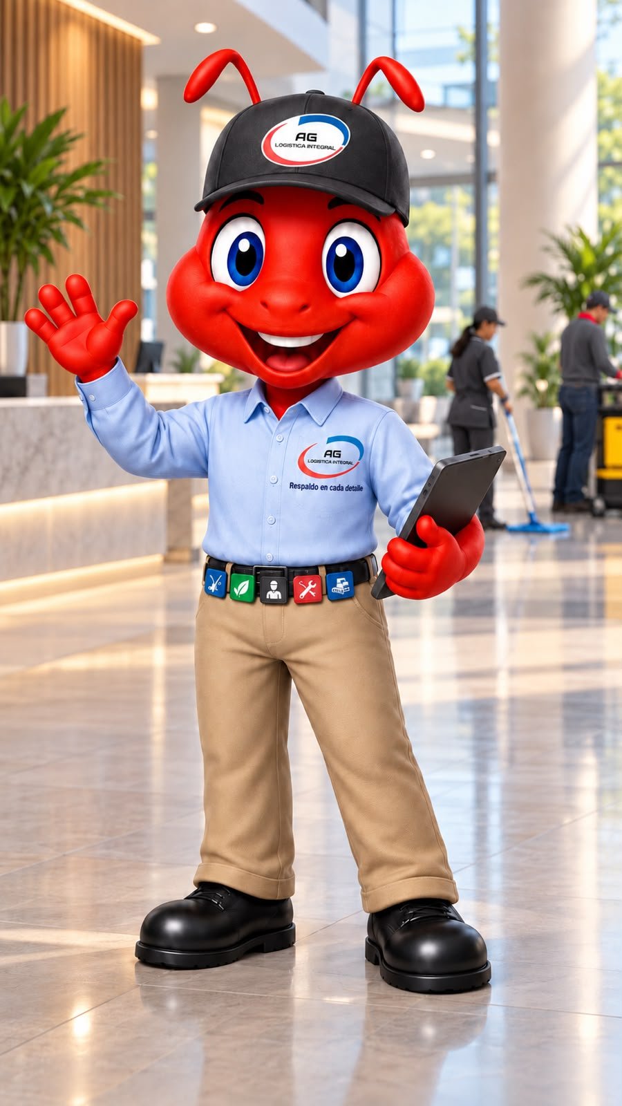 Mascota oficial de AG Logística Integral saludando y sosteniendo una tableta