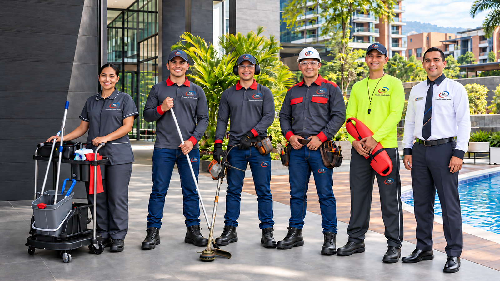 Equipo multidisciplinario de AG Logística Integral con uniformes corporativos en una copropiedad