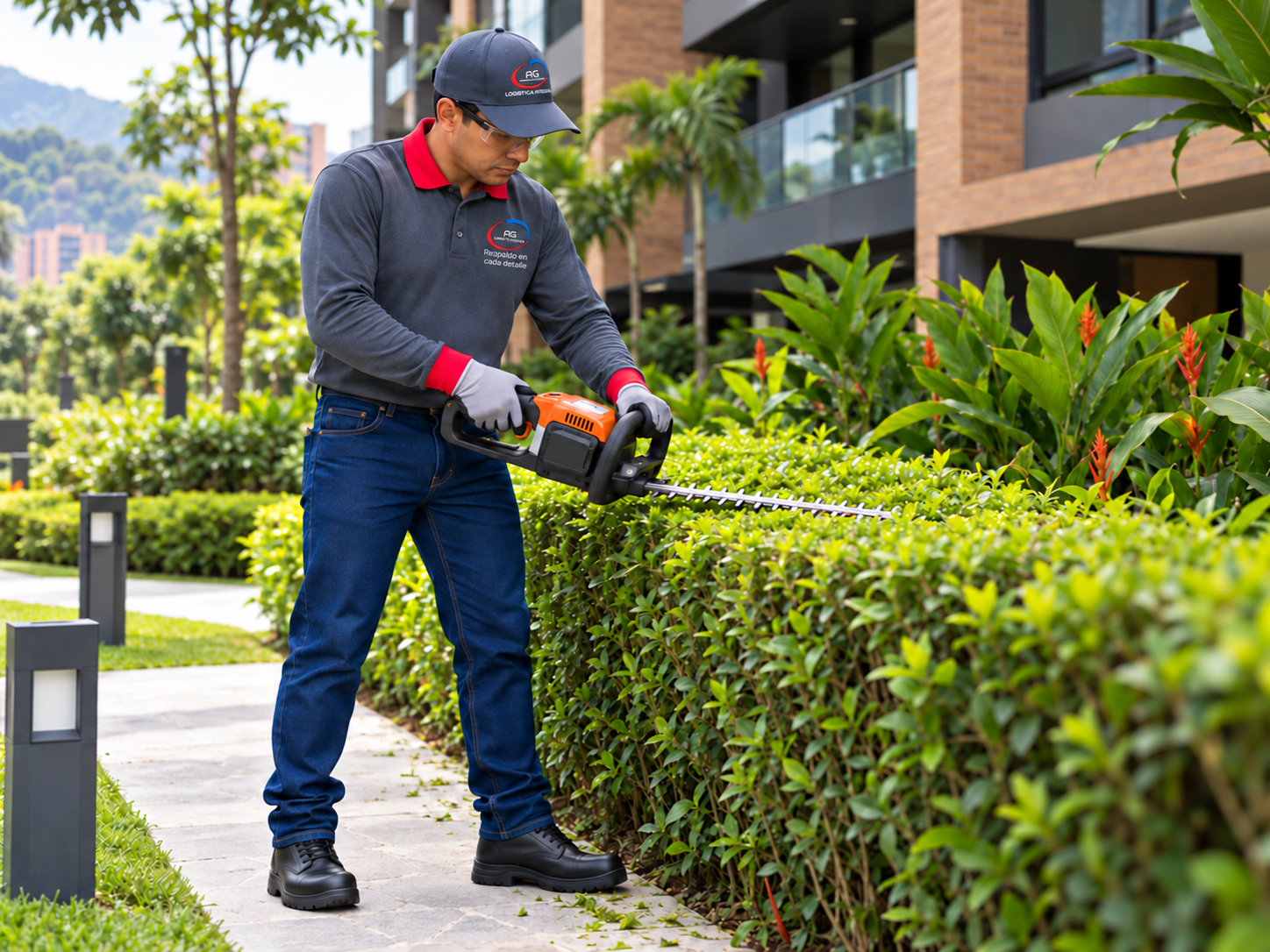 Profesional de jardinería con camisa gris y roja y jeans cuidando las zonas verdes de una unidad residencial
