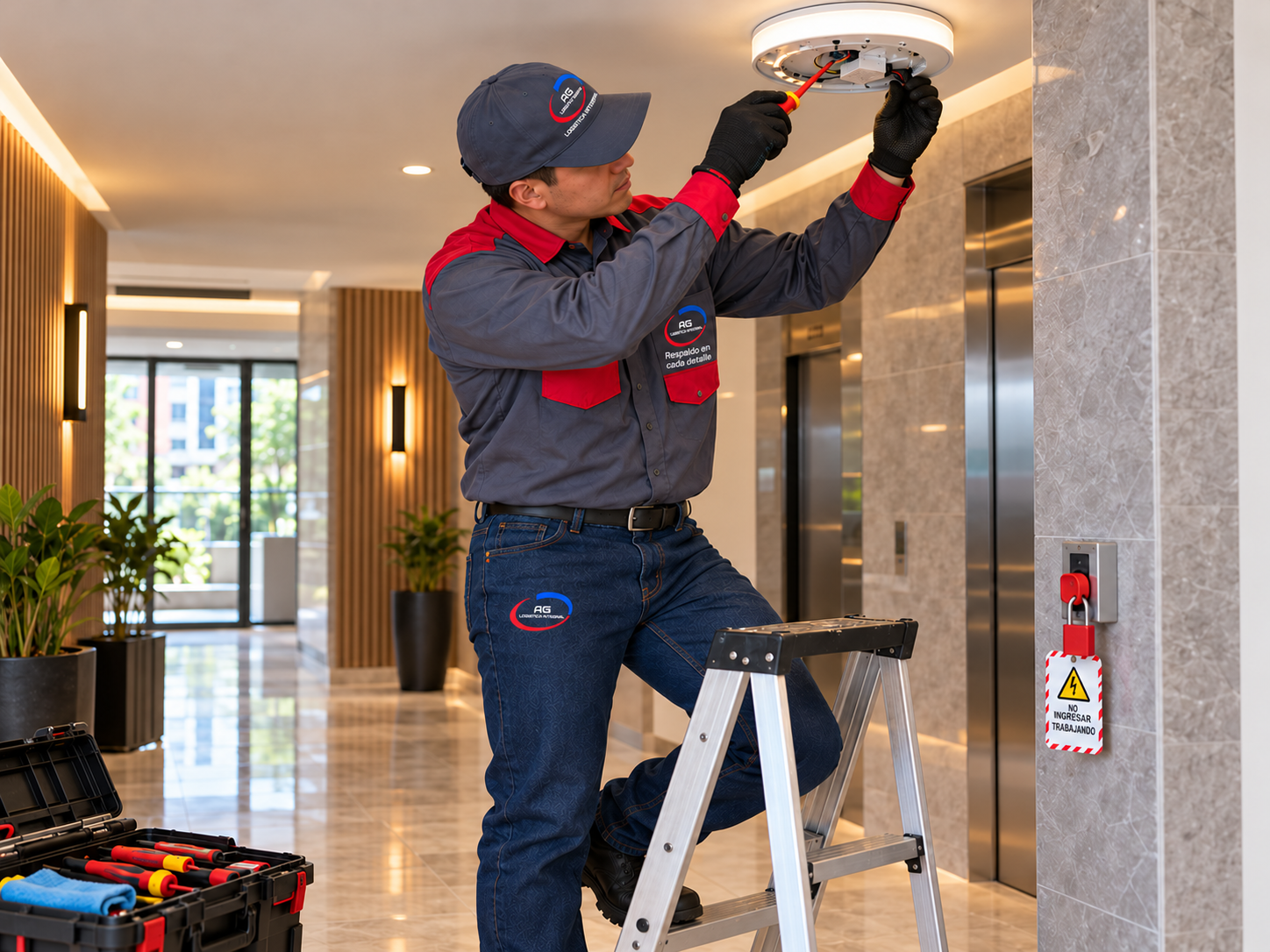 Técnico con camisa gris y roja y jeans reparando una luminaria en la zona común de una copropiedad